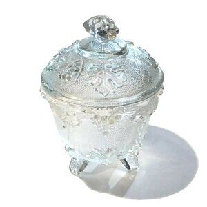 Vintage 1950s Jeanette Glass 4 Footed Clear Covered Candy Dish Grape Leaf Design